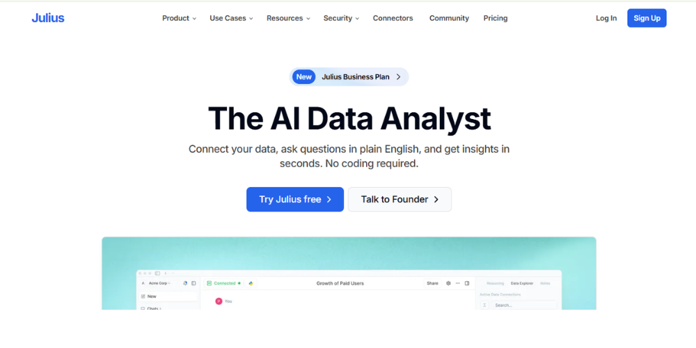 Julius AI data analysis dashboard showing charts and insights from uploaded datasets