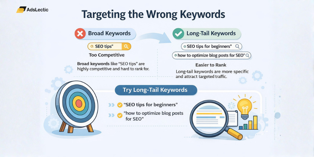 Broad vs long tail keywords comparison for improving blog traffic SEO