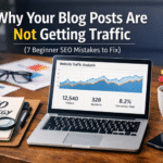 Digital marketing workspace showing SEO analysis for improving blog traffic