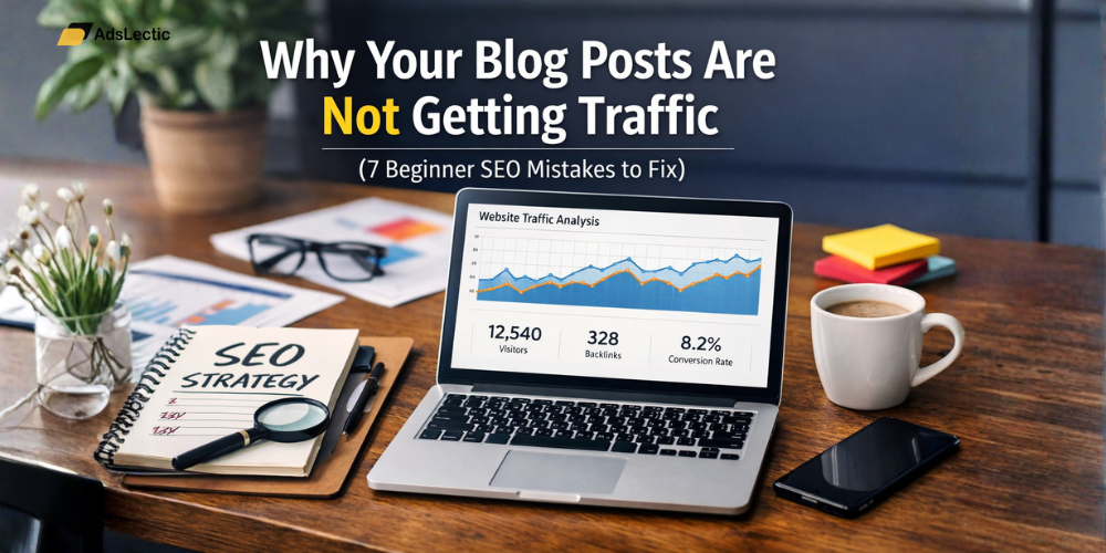 Digital marketing workspace showing SEO analysis for improving blog traffic