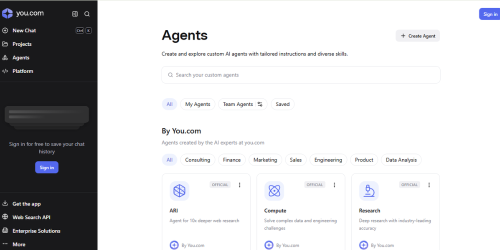 You.com AI research assistant interface generating custom insights for market analysis