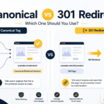 Canonical vs 301 redirect infographic showing differences between canonical tag and 301 redirect in SEO, with examples of duplicate URLs consolidation and page redirection for e-commerce optimization
