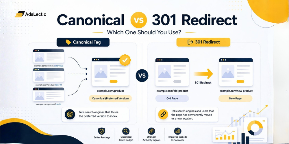 Canonical vs 301 redirect infographic showing differences between canonical tag and 301 redirect in SEO, with examples of duplicate URLs consolidation and page redirection for e-commerce optimization