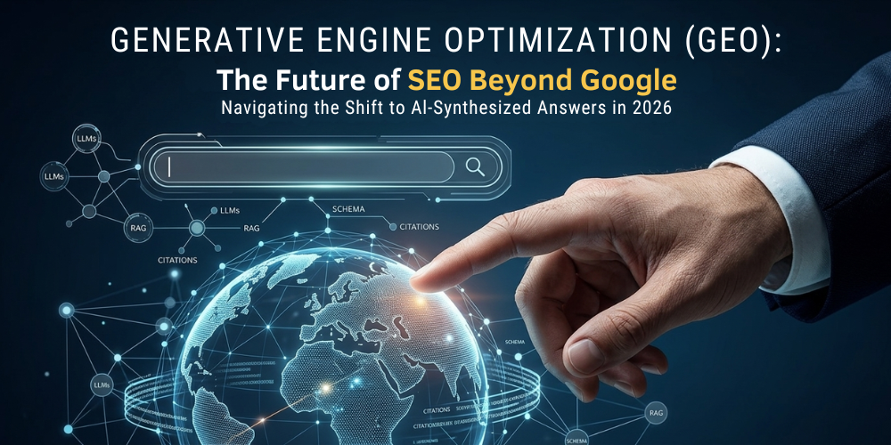Modern tech-themed blog header for AdsLectic featuring a holographic data globe and search interface, titled 'Generative Engine Optimization (GEO): The Future of SEO Beyond Google'.