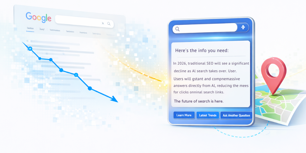 A modern illustration showing the shift from traditional SEO to AI-driven search: a fading Google results page with a downward trend graph on the left transitions into a bright AI answer panel on the right, alongside a map pin, symbolizing the future of search in 2026.