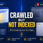 Crawled but not indexed SEO illustration showing Googlebot crawling a page but not indexing it in search results