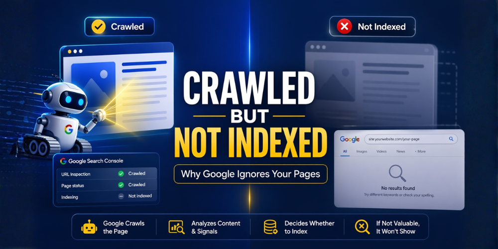 Crawled but not indexed SEO illustration showing Googlebot crawling a page but not indexing it in search results