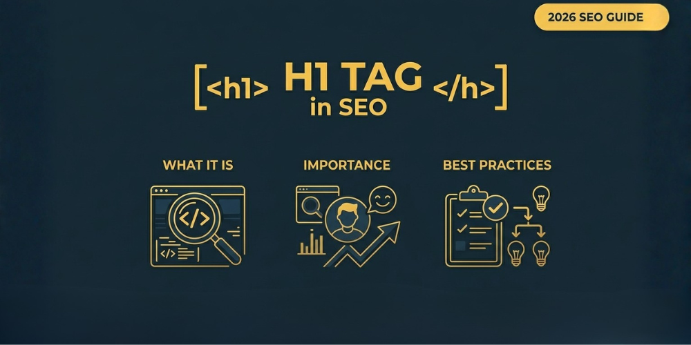 Minimalist blog featured image showing H1 tag HTML symbols and three icons representing "What it is," "Importance," and "Best Practices" in yellow and dark blue.