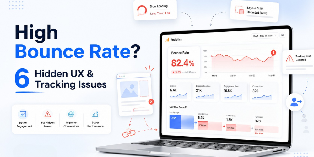 Website analytics dashboard with high bounce rate and user experience issues affecting engagement