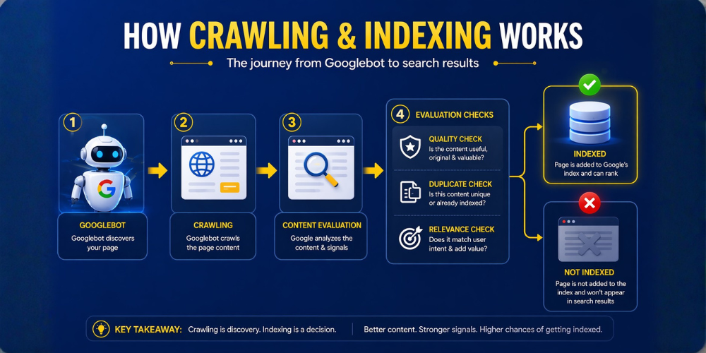 SEO crawling and indexing process diagram showing Googlebot crawling content and deciding whether to index or ignore pages