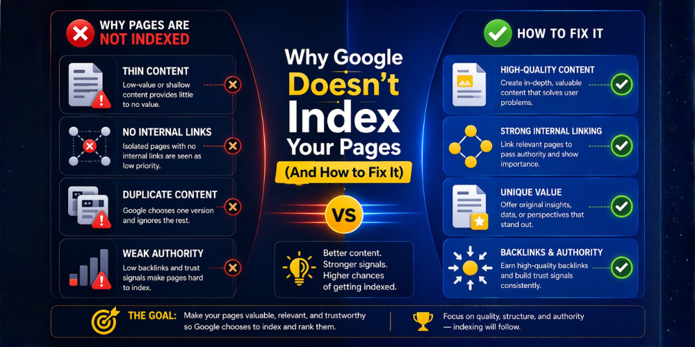 Why pages are not indexed infographic showing SEO issues like thin content and weak links with solutions like high-quality content and backlinks