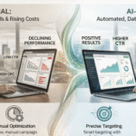 AI in advertising comparison showing traditional ads vs AI-powered ads with performance metrics and campaign optimization