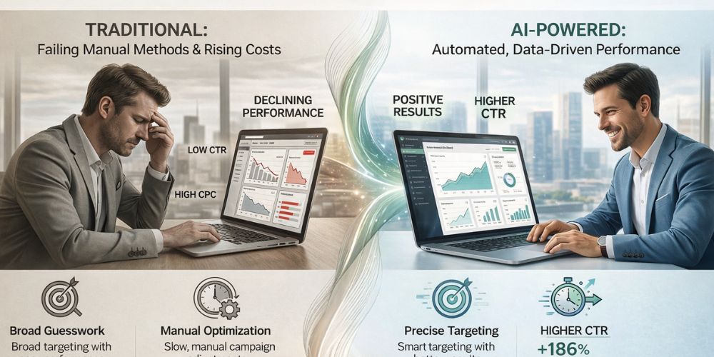 AI in advertising comparison showing traditional ads vs AI-powered ads with performance metrics and campaign optimization