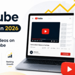 YouTube SEO in 2026 featured image showing laptop with YouTube video interface, Google search results, and ranking growth analytics