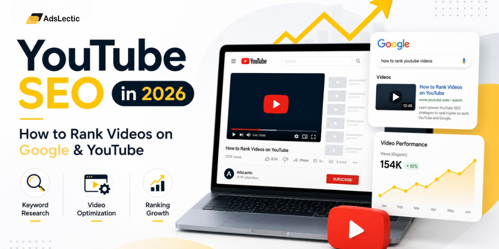 YouTube SEO in 2026 featured image showing laptop with YouTube video interface, Google search results, and ranking growth analytics