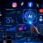 AI-powered social media marketing dashboard with futuristic analytics, automation tools, and digital engagement insights