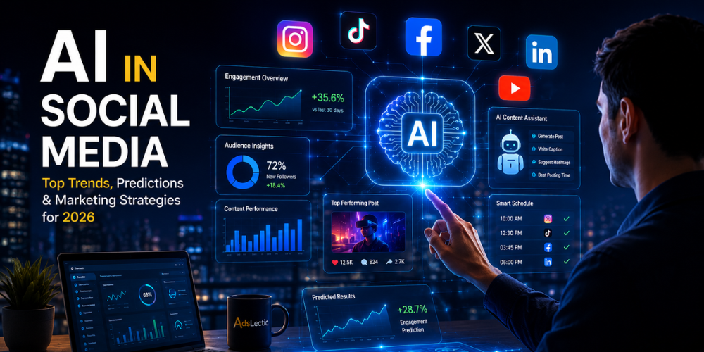AI-powered social media marketing dashboard with futuristic analytics, automation tools, and digital engagement insights