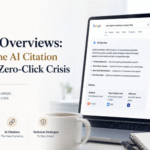 Modern light-theme digital marketing workspace showing Google AI Overviews on a laptop screen with SEO analytics dashboards, AI citation insights, zero-click search metrics, and content optimization data in a premium editorial-style office environment.