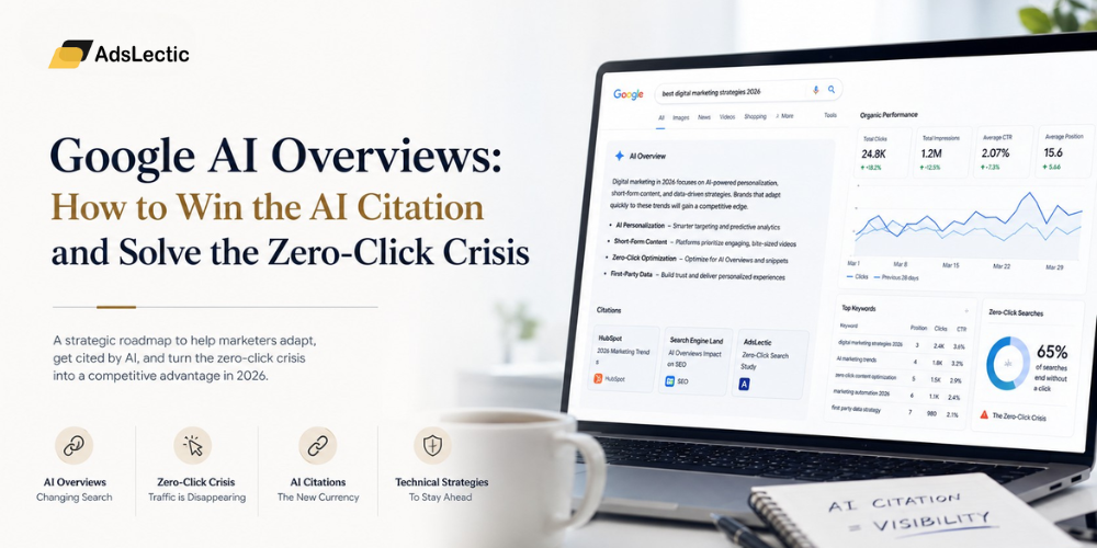 Modern light-theme digital marketing workspace showing Google AI Overviews on a laptop screen with SEO analytics dashboards, AI citation insights, zero-click search metrics, and content optimization data in a premium editorial-style office environment.