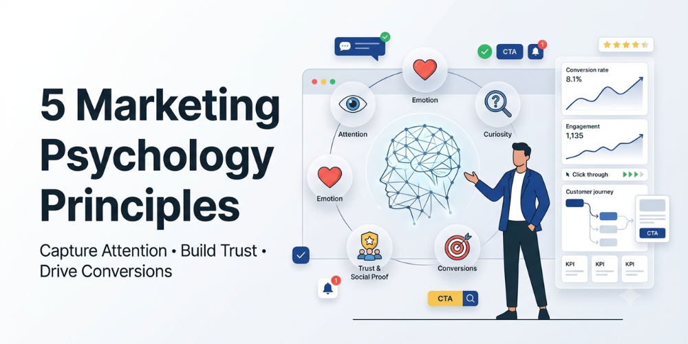 A corporate SaaS-style illustration showing five key marketing psychology principles (Attention, Emotion, Curiosity, Trust, Conversions) represented by orbiting icons around a digital brain, alongside an analytics dashboard.
