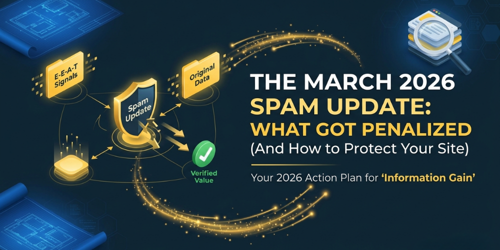 A professional hero graphic for the Google March 2026 Spam Update Recovery guide. The image features a deep blue and golden yellow theme with a central shield icon representing a spam filter, surrounded by data packets labeled E-E-A-T and Original Data. The headline reads 'The March 2026 Spam Update: What Got Penalized (And How to Protect Your Site)'