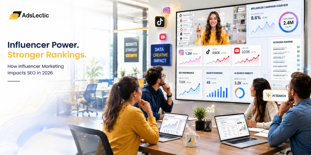 Modern influencer marketing and SEO strategy team analyzing social media growth and search analytics in 2026