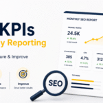 SEO KPIs dashboard showing monthly SEO report metrics including organic traffic, keyword rankings, CTR, impressions, and conversions in a clean light-theme interface