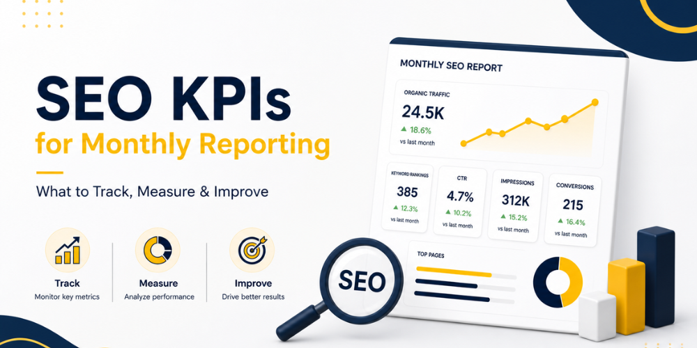SEO KPIs dashboard showing monthly SEO report metrics including organic traffic, keyword rankings, CTR, impressions, and conversions in a clean light-theme interface