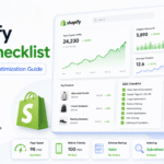 Modern Shopify SEO checklist dashboard showing ecommerce analytics, Google ranking growth charts, technical SEO optimization, product page improvements, and organic traffic insights for Shopify stores in 2026.