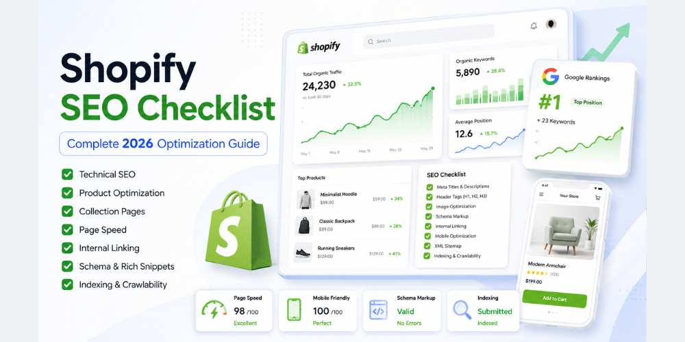 Modern Shopify SEO checklist dashboard showing ecommerce analytics, Google ranking growth charts, technical SEO optimization, product page improvements, and organic traffic insights for Shopify stores in 2026.
