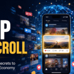 Smartphone surrounded by scrolling social media content and a neural network illustrating neuroscience secrets for winning the attention economy.