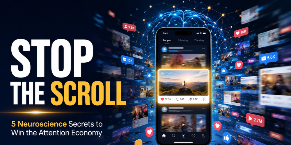 Smartphone surrounded by scrolling social media content and a neural network illustrating neuroscience secrets for winning the attention economy.