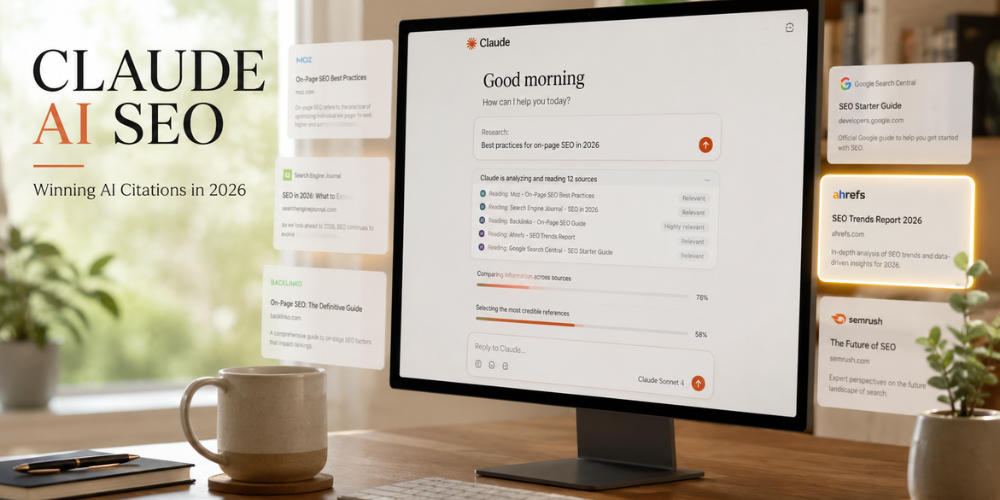 Claude AI SEO concept showing an AI assistant analyzing multiple website sources, selecting trusted citations, and comparing information on a desktop monitor in a premium workspace.