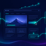 Illustration of Core Web Vitals showing a website dashboard connected to LCP, INP, and CLS performance metrics on a dark modern interface.