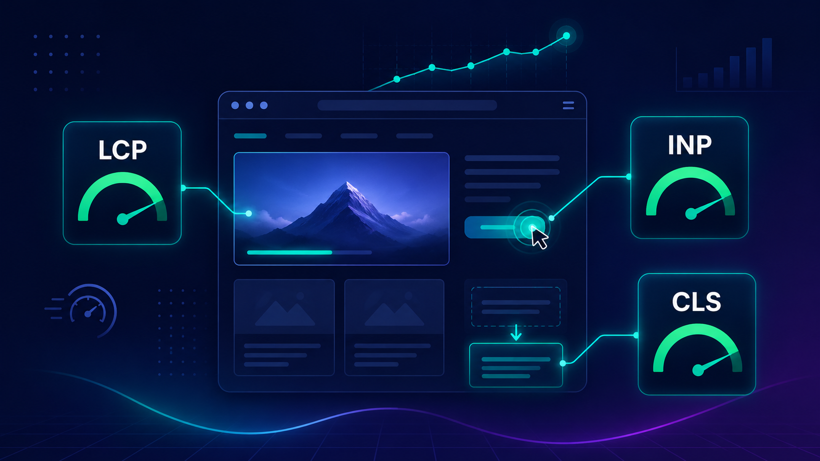 Illustration of Core Web Vitals showing a website dashboard connected to LCP, INP, and CLS performance metrics on a dark modern interface.