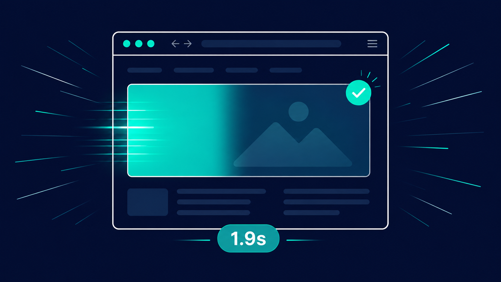 Illustration of a fast-loading website hero image in a browser window with a 1.9-second load time badge and teal checkmark, representing Core Web Vitals LCP performance.