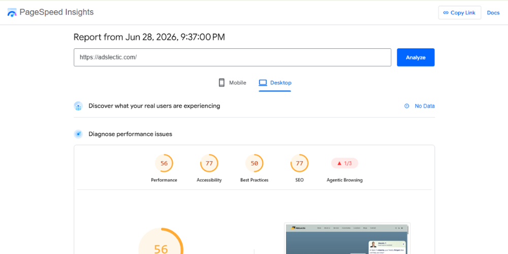 Google PageSpeed Insights showing Core Web Vitals scores — LCP, INP, and CLS for a webpage.