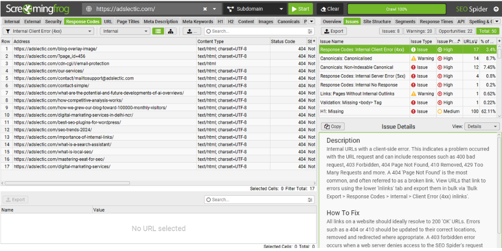 Screaming Frog SEO Spider showing 404 broken internal links found during a website crawl.
