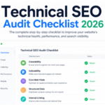 Technical SEO Audit Checklist 2026 dashboard illustration showing crawlability, indexability, Core Web Vitals, and structured data checklist.