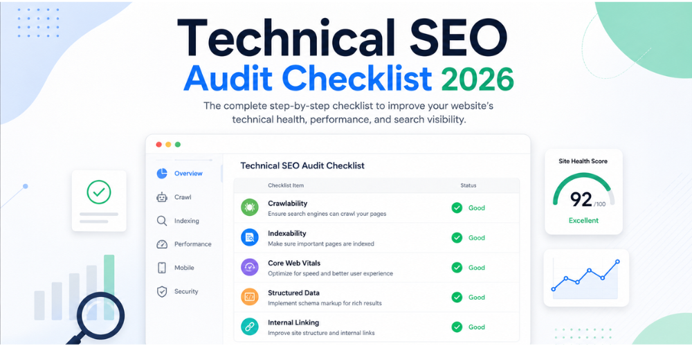 Technical SEO Audit Checklist 2026 dashboard illustration showing crawlability, indexability, Core Web Vitals, and structured data checklist.