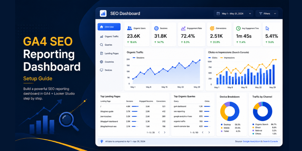 GA4 SEO reporting dashboard example showing organic traffic and Search Console metrics