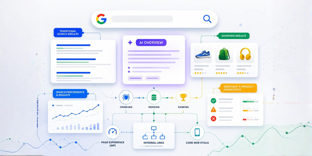 Visual representation of Google Search evolution with AI search, indexing, Core Web Vitals, and search analytics insights.