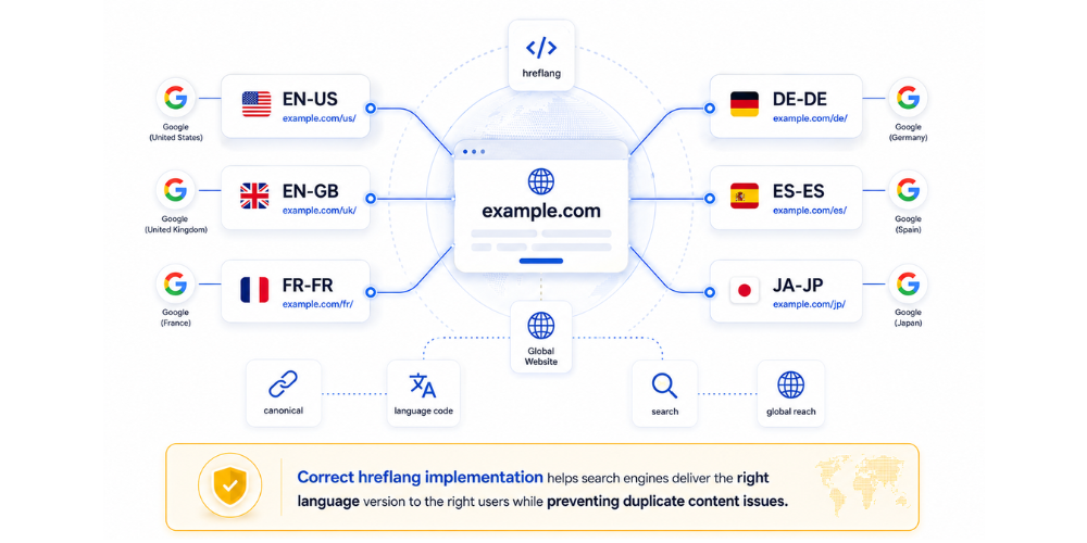 Technical architecture diagram illustrating hreflang implementation for international SEO. A central website (example.com) connects to localized pages for the US, UK, France, Germany, Spain, and Japan, showing how hreflang tags help search engines deliver the correct language version to users while preventing duplicate content issues.