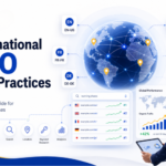 International SEO best practices dashboard showing global search visibility, multilingual website optimization, hreflang implementation, and worldwide SEO strategy for global businesses.
