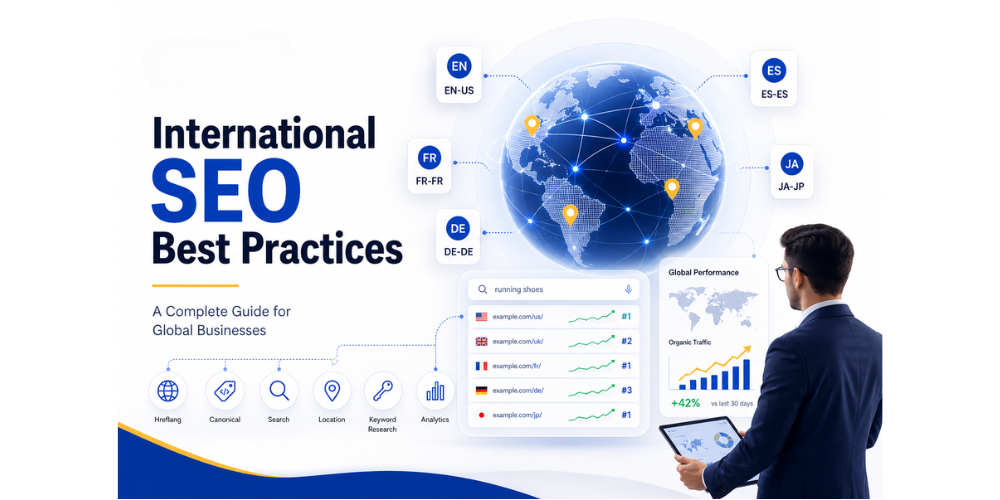 International SEO best practices dashboard showing global search visibility, multilingual website optimization, hreflang implementation, and worldwide SEO strategy for global businesses.