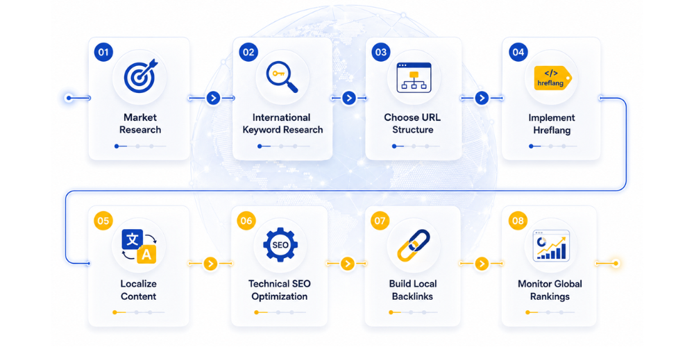 International SEO workflow infographic showing an 8-step process: market research, international keyword research, choosing a URL structure, implementing hreflang tags, localizing content, technical SEO optimization, building local backlinks, and monitoring global search rankings.