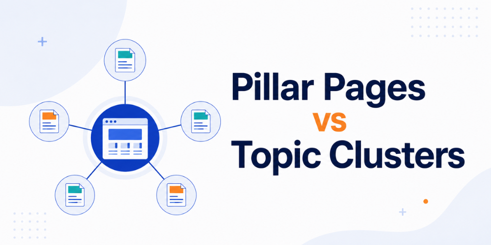 Diagram comparing pillar pages vs topic clusters showing a central pillar page hub linked to multiple topic cluster pages in an SEO internal linking structure