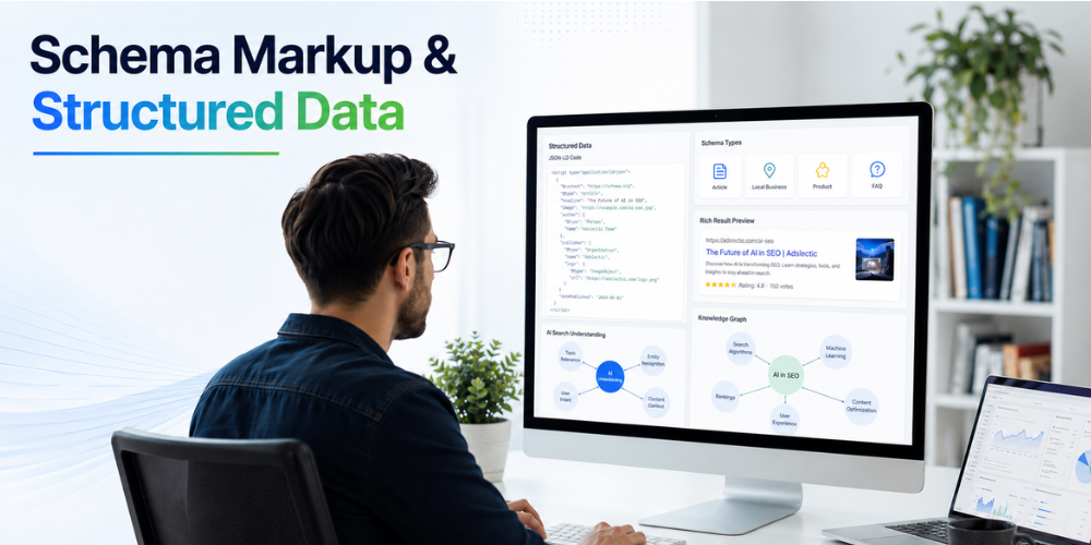 Professional SEO specialist analyzing schema markup and structured data dashboard to improve search engine understanding and AI search visibility.