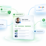 Editorial illustration showing a verified author profile connected to Google Search, AI search, person schema, and website trust signals representing E-E-A-T in SEO.