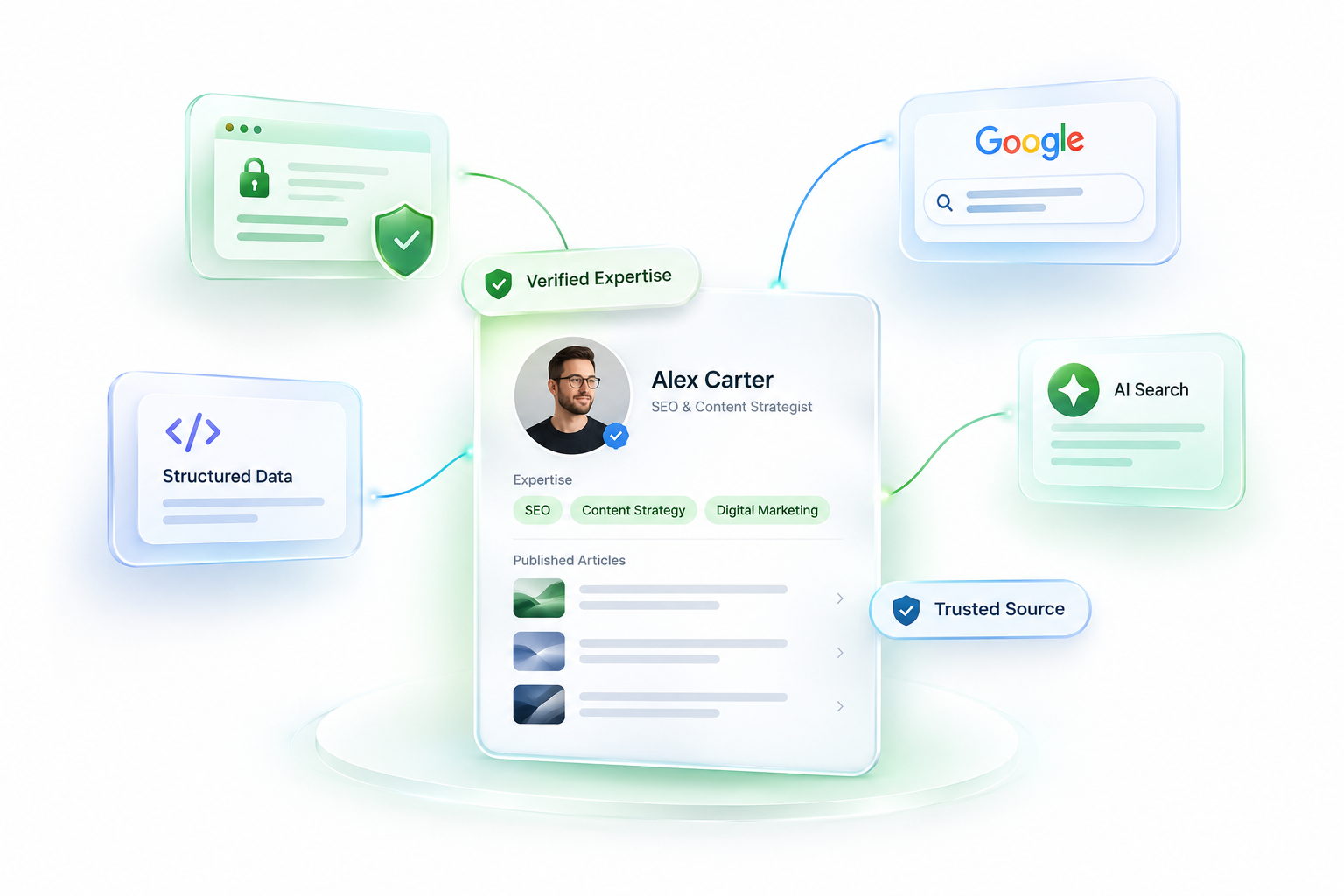 Editorial illustration showing a verified author profile connected to Google Search, AI search, person schema, and website trust signals representing E-E-A-T in SEO.